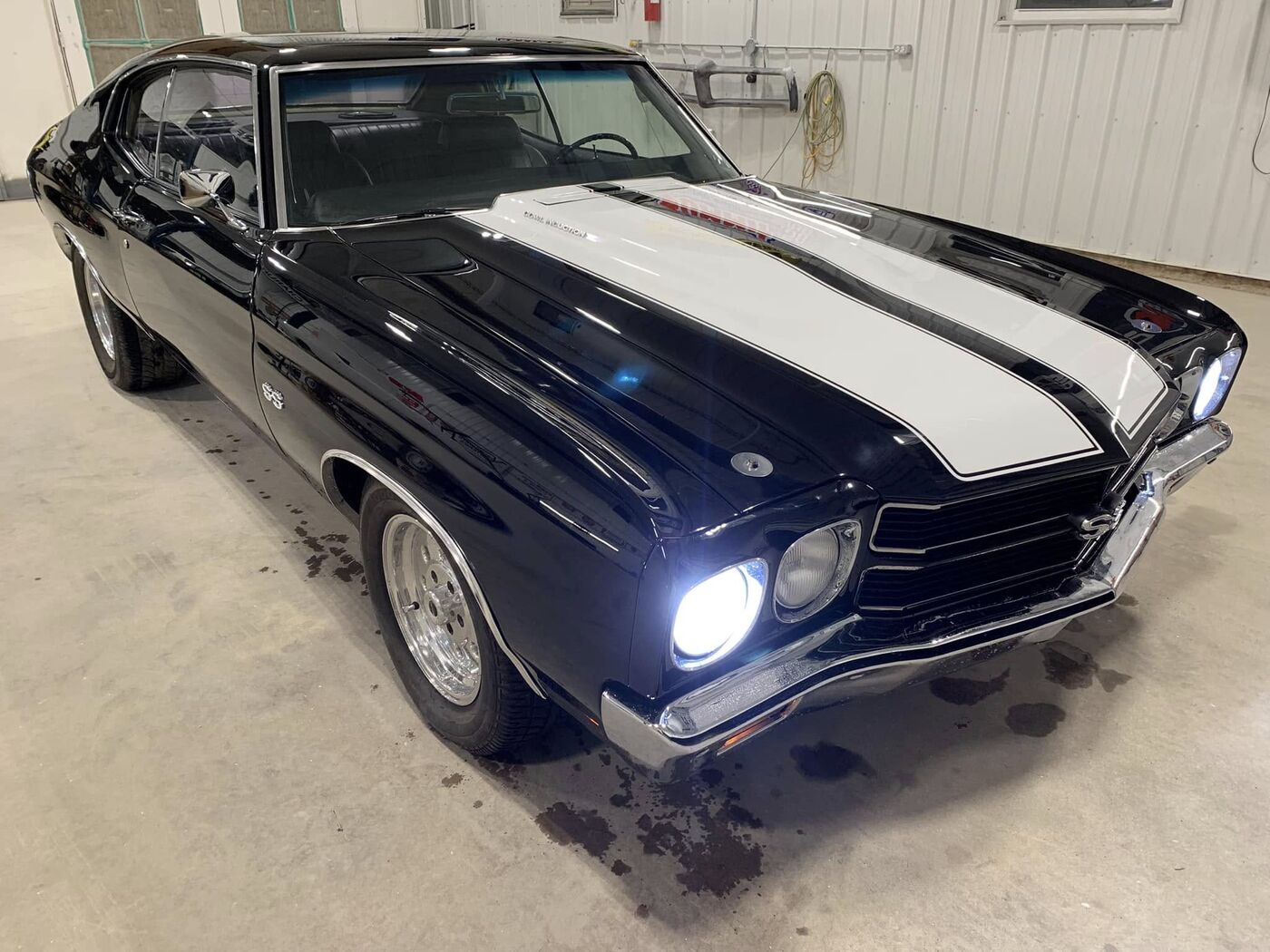 Finished Chevelle outside the Howe Kustom shop at dusk