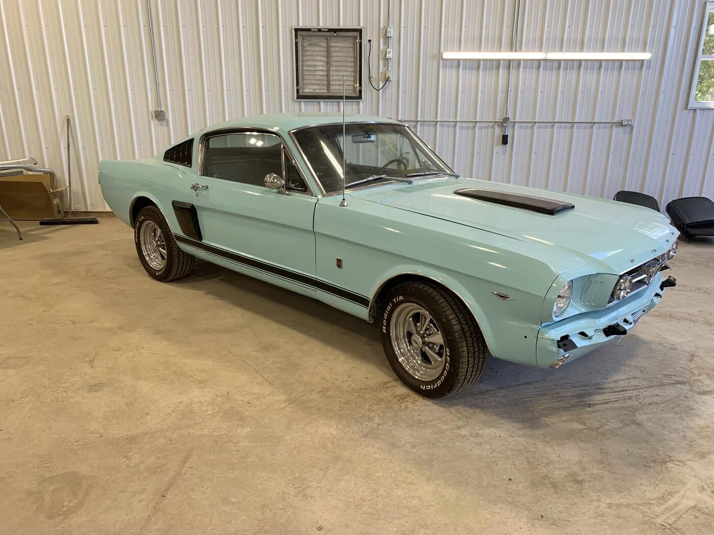 Mustang fastback in the shop mid-build