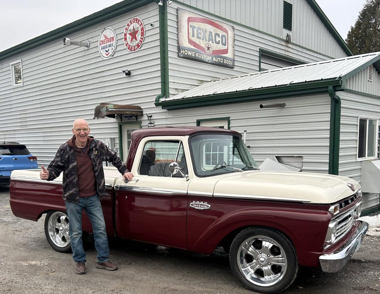 The Howe Kustom shop on Highway 7 with a restored Ford pickup out front